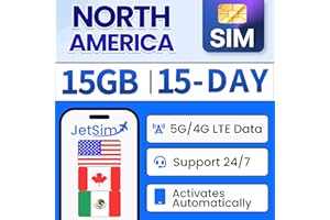 North America SIM Card for USA, Canada, Mexico (15 Days), 15GB High-Speed Data Prepaid Mobile Travel Plan, Easy to Use, Autom