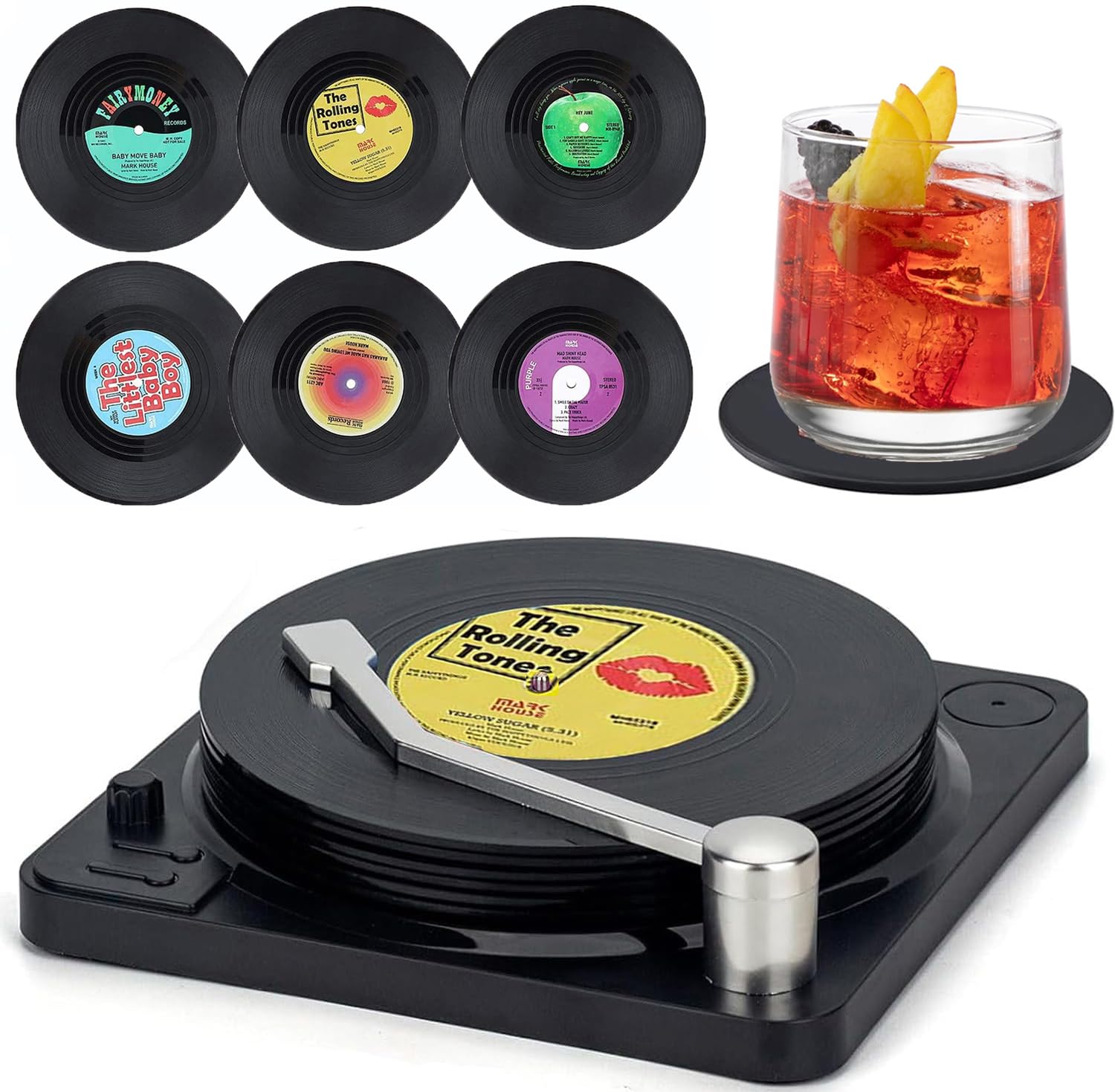 Litensh 6pcs Retro CD Vinyl Record Coasters with Player, Non-Slip Rubber Round Drink Mats Music Coasters Set of 6 for Drinks Bars Cafes Home Party Office Gifts for Music Lovers and Birthday Gifts M1