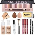 All in One Makeup Kit, Includes 12 Colors Naked Eyeshadow Palette, Nude & Beige Liquid Foundation, Face Primer, Lipstick Set, Eyebrow Soap Kit, Winged Eyeliner Stamp, Makeup Brush, Makeup Sponges