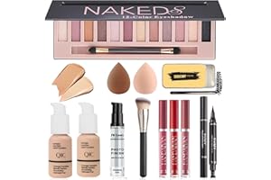 RENTONZ All in One Makeup Kit, Includes 12 Colors Naked Eyeshadow Palette, Nude & Beige Liquid Foundation, Face Primer, Lipstick Set, Eyebrow Soap Kit, Winged Eyeliner Stamp, Makeup Brush, Makeup Sponges