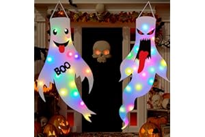 Halloween Decorations Outdoor Indoor, 2 Pack Light Up Ghost Decorations with LED Lights, Hanging Ghost Halloween Decor for Ya