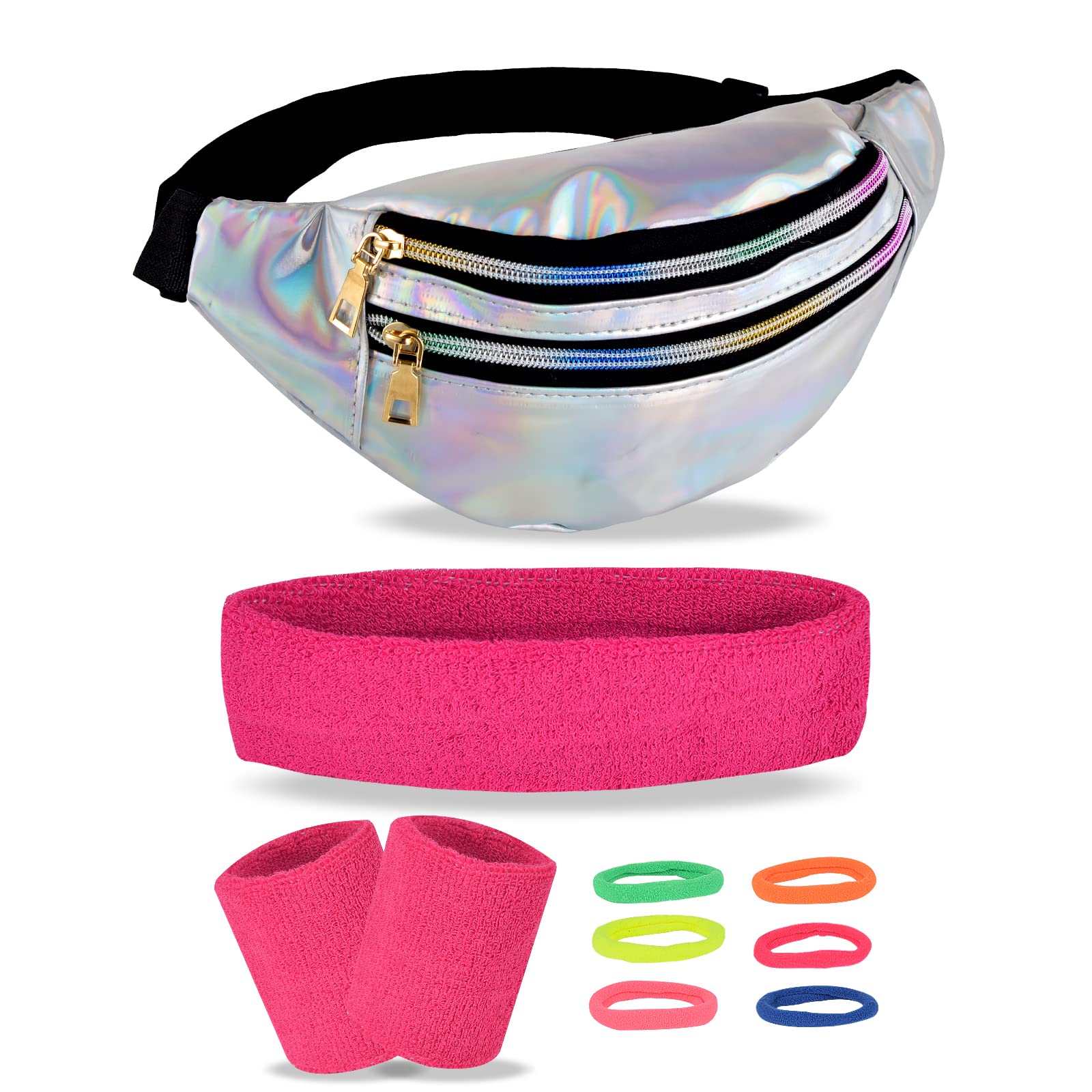 Bum Bag Fashion Waterproof Belt Bag Metallic Waist Bag for Women and Men Party Festival Sports Outdoor Travel, pink-red, 32 x 13 x 2 cm, Bum bag with sweatband hair tie