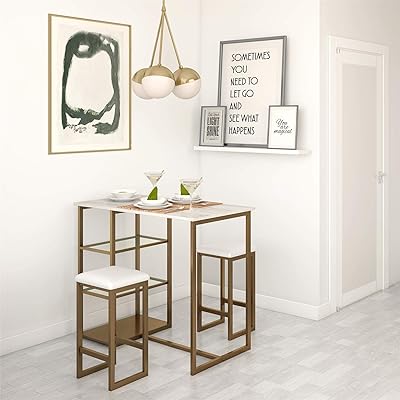 Dorel Living Tanner 3-Piece Brass Pub Set with Faux Marble Top, White