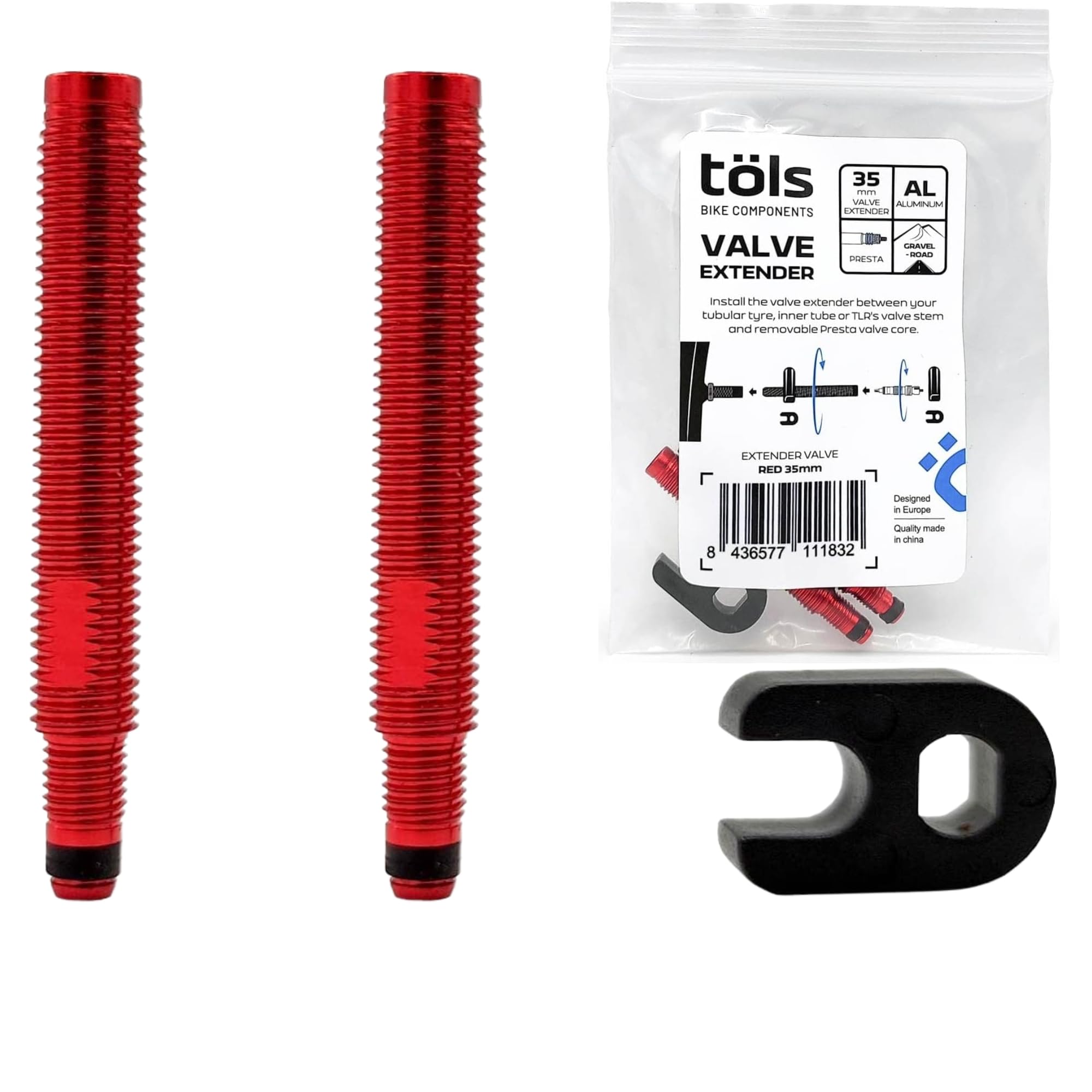 TÖLS Pneumatic Valve Extension 35 mm for Bike | MTB Bike Tool Kit, Puncture Patches | Bike Caps, Obus Valve | Presta Valve Extender 35 mm, Bike Caps, Red