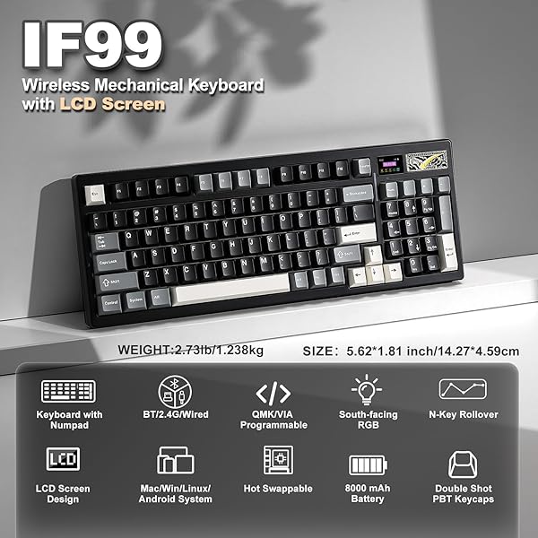 YUNZII IF99 WIRELESS MECHANICAL GAMING KEYBOARD WITH SMART LCD DISPLAY, QMK/VIA PROGRAMMABLE BT/2.4G/USB-C GASKET MOUNTED HOT SWAP RGB 96% LAYOUT FOR MAC/WIN (BLACK, COCOA CREAM V2 SWITCH)