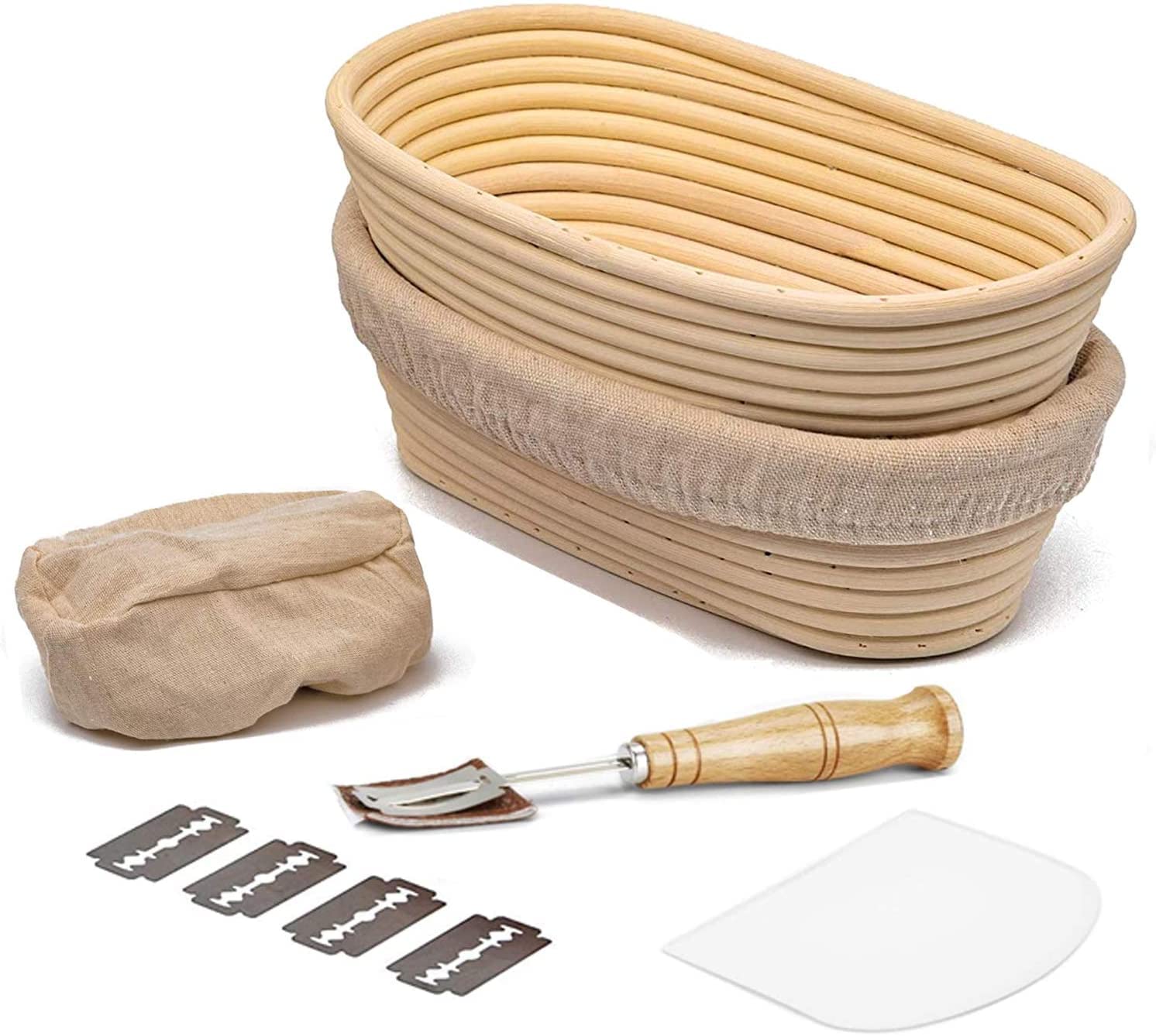 MIUTME 2 Pack Oval Bread Proofing Baskets,10 Inch Proving Basket Hold 500g Natural Rattan Banneton Basket for Professional Home Bakers(with Cloth Liner Dough Scraper Bread Lame)