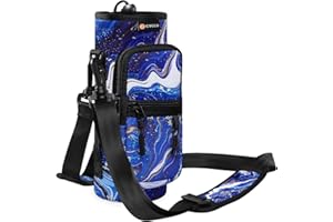 iCasso Water Bottle Holder with Strap for Stanley 25/32/40oz Tumbler, Insulated Water Bottle Carrier Sling Bag with Adjustable Strap and Two Pouches, Neoprene Sleeve Accessories for Hiking, Blue Gilt