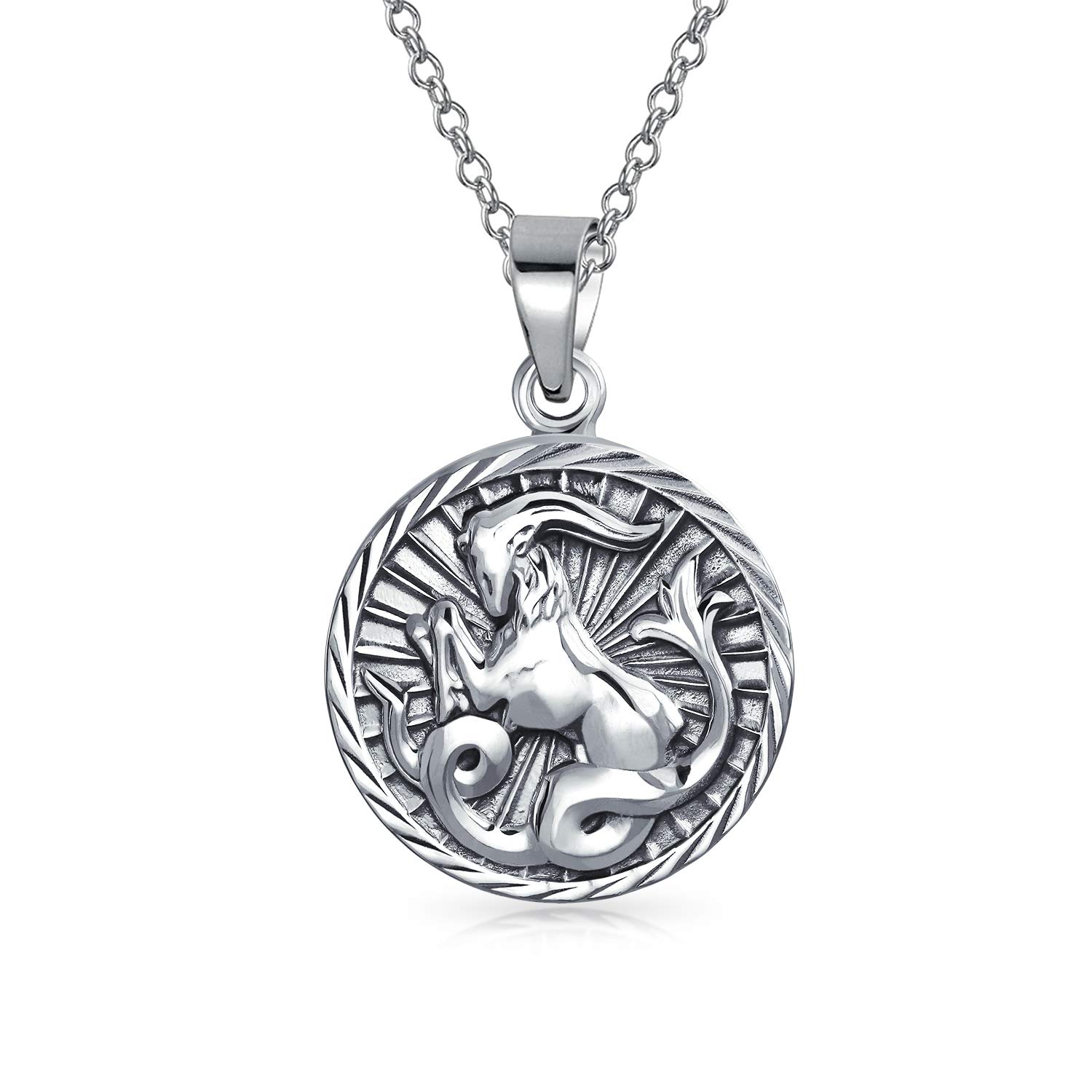 Bling Jewelry Capricorn Zodiac Pendant Necklace Large Round Medallion Oxidized .925 Silver 18 Inch Chain โ image 1
