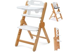Ezebaby Wooden High Chair Grow with Your Child, Foldable Baby High Chairs with Adjustable Seat and Footrest Heights, High Chair for Babies and Toddlers with Cushion and Large Double Layer Tray(White)