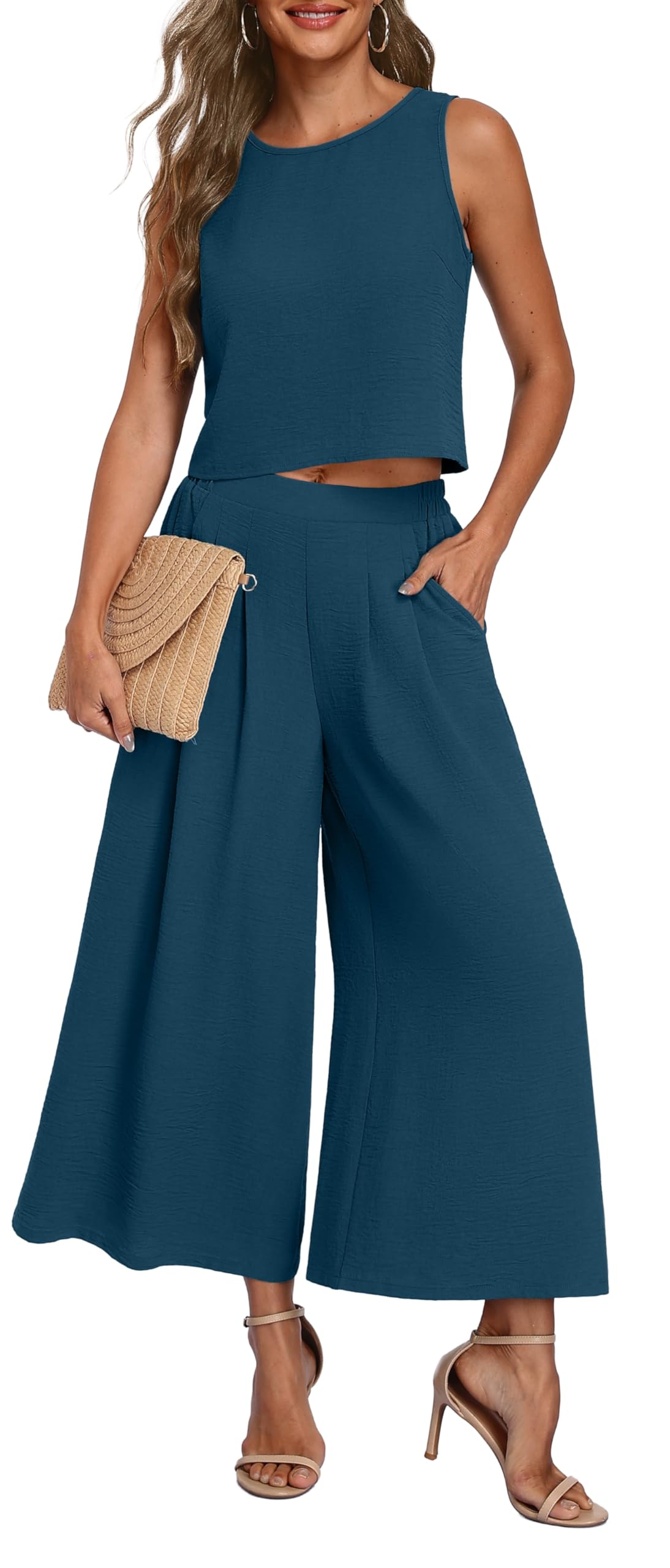 Lepunuo Women Summer 2 Piece Outfits Crop Sleeveless Top Wide Leg Pants Matching Set Lounge Vacation Beach Travel Outfits Image