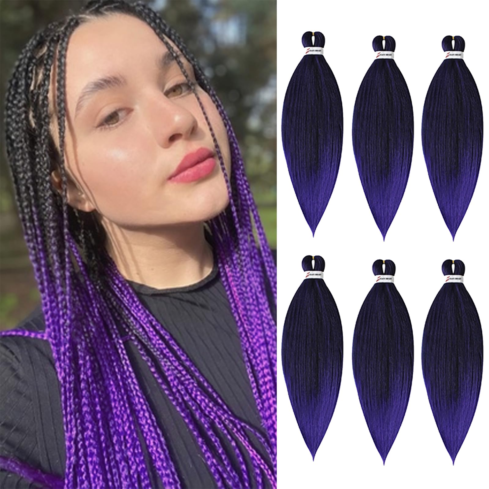 DT CHERYL Pre Stretched Braiding Hair,6 Pack purple Braided Hair extension 26 inches Synthetic EZ Braid Hot Water Styling Braid Yaki Texture Pre-stretched Hair for Braiding Braids T1B-Purple#