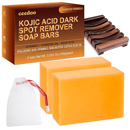 ceedoo Kojic Acid Dark Spot Remover Soap Bars with Vitamin C, Retinol, Collagen, Turmeric with Hyaluronic Acid, Vitamin E, Shea Butter, Castile Olive Oil - 3.52 OZ x 2 Bars