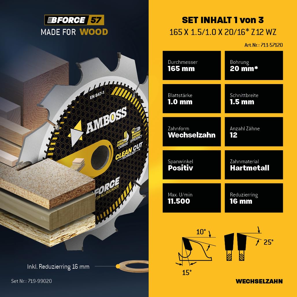 Ø165 x 20 Akku Hand- Kreissägeblatt Set passend für Bosch GKS 18v-57g, Bosch GKT 55 GCE, Makita SP6000 - AMBOSS WERKZEUGE® 165x20 Sägeblatt Sortiment 3