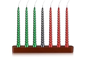 BBTO 8 Pcs Kwanzaa Kinara Set Kinara Wooden Candle Holder with 8 Inch Spiral Taper Candles Unscented Dripless Candles for Kwanzaa Decoration (10.63 x 0.79 Inches)