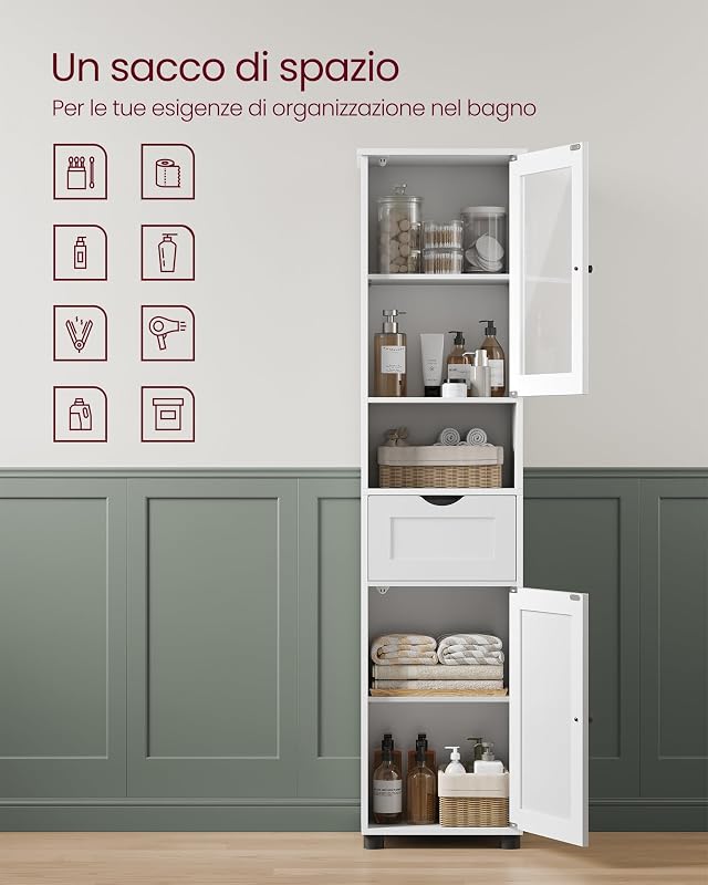Mobiletto Bagno, Armadietto Alto a Colonna, 40 x 30 x 165 cm