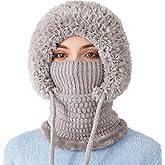 3 in 1 Beanie Hat with Scarf and Mask, Women’s Plush-Lined Winter Balaclava, Wind-Resistant Knitted Hooded Scarf & Ski Mask Set for Cold Weather (Grey)