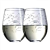 The Wine Savant Set of 2 Zodiac Sign Wine Glasses with 2 Wooden Coasters Astrology Drinking Glass Set with Etched Constellation Tumblers for Juice, Water Home Bar Horoscope Gifts 18oz (Libra)