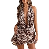 MakeMeChic Women's Cheetah Print Halter Mini Dress Ruffle Tiered Open Back Summer Y2K Dresses