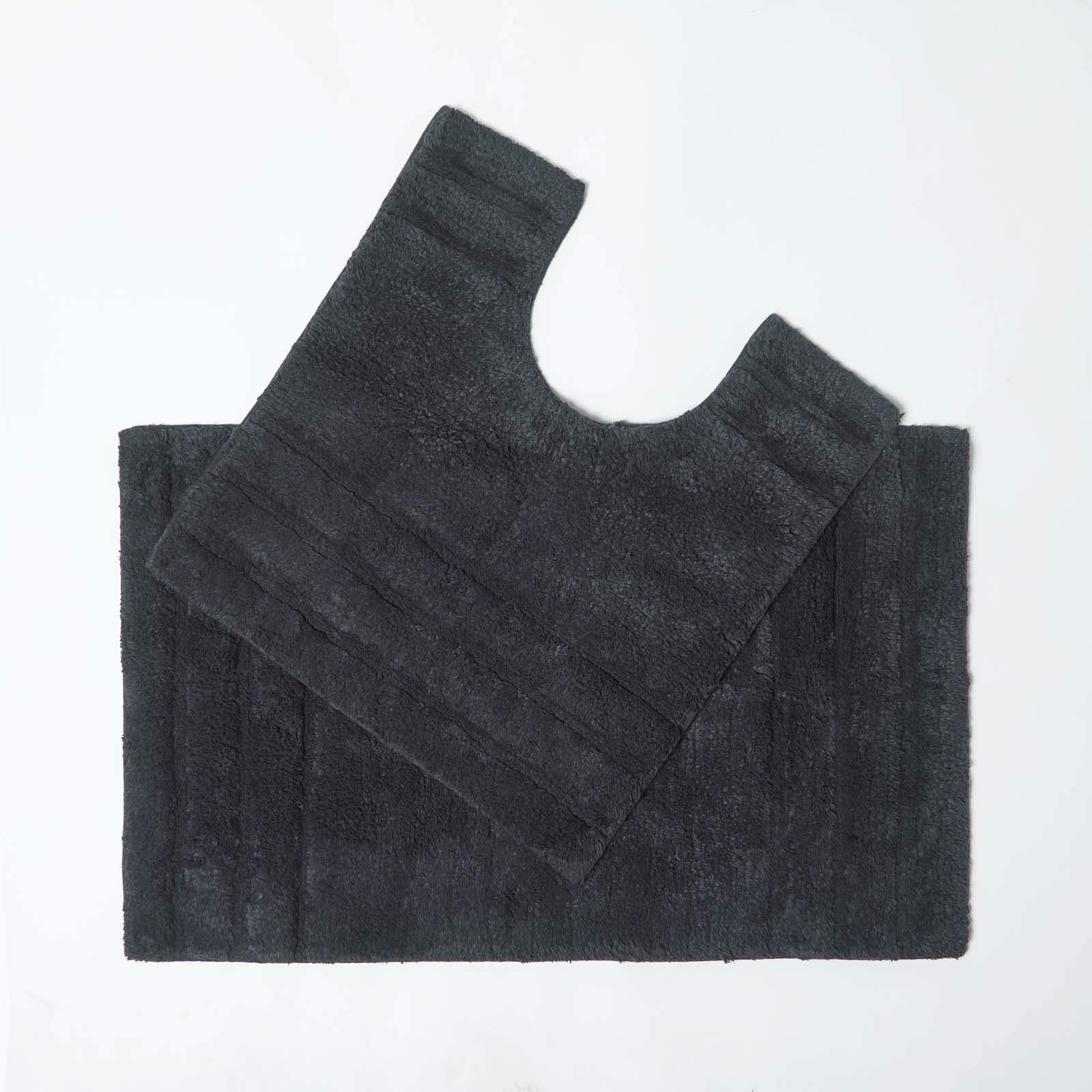 HOMESCAPES - Spa Supreme - Luxury - Bath Mat & Pedestal Set - Black - Very Heavy 1800 GSM - Super Soft Plush Cotton Rug - 50 x 80 cm, 50 x 55 cm - Washable at Home