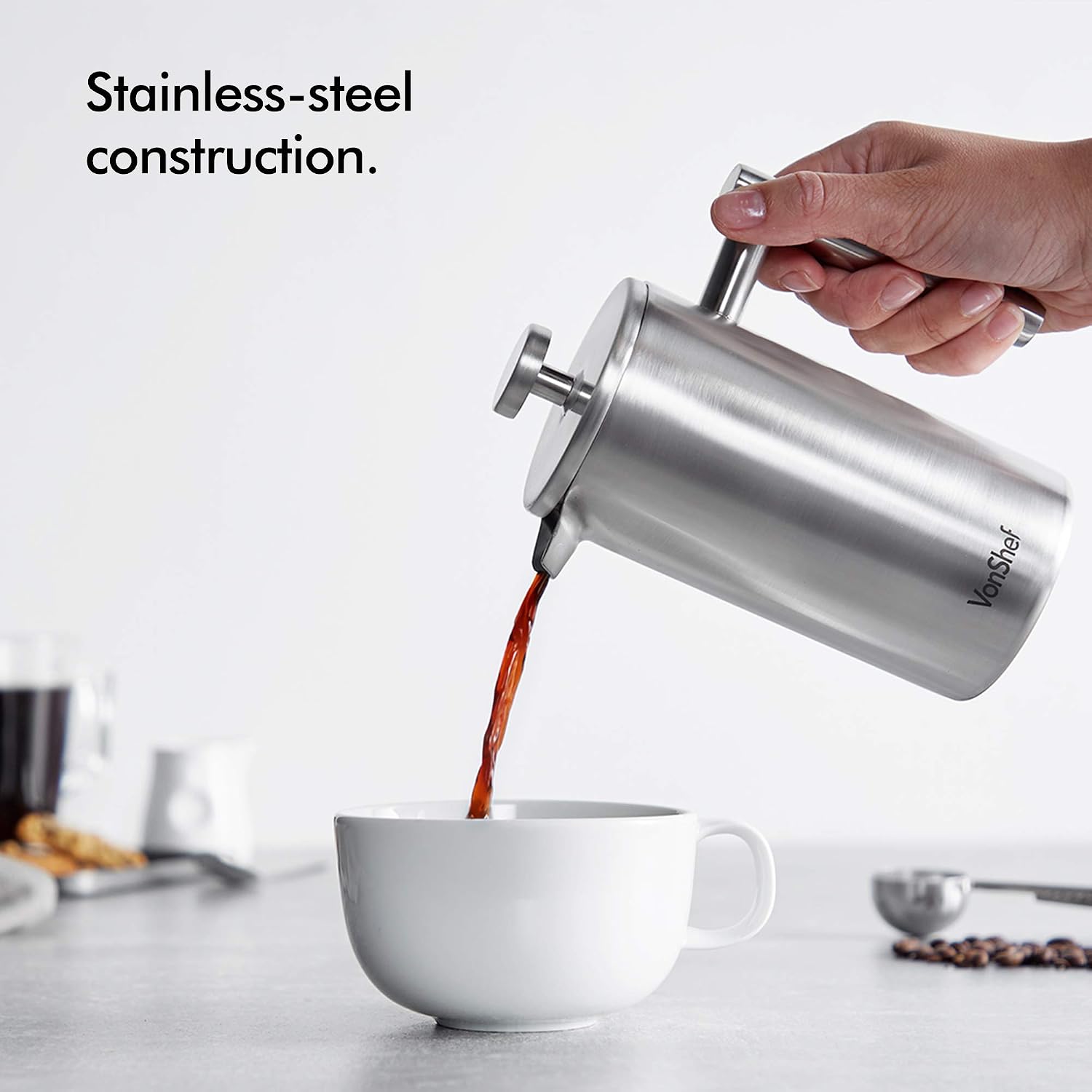 VonShef 3 Cup Cafetiere, Stainless Steel 350ml Double Walled French Press with Measuring Spoon/Bag Seal - Image 4