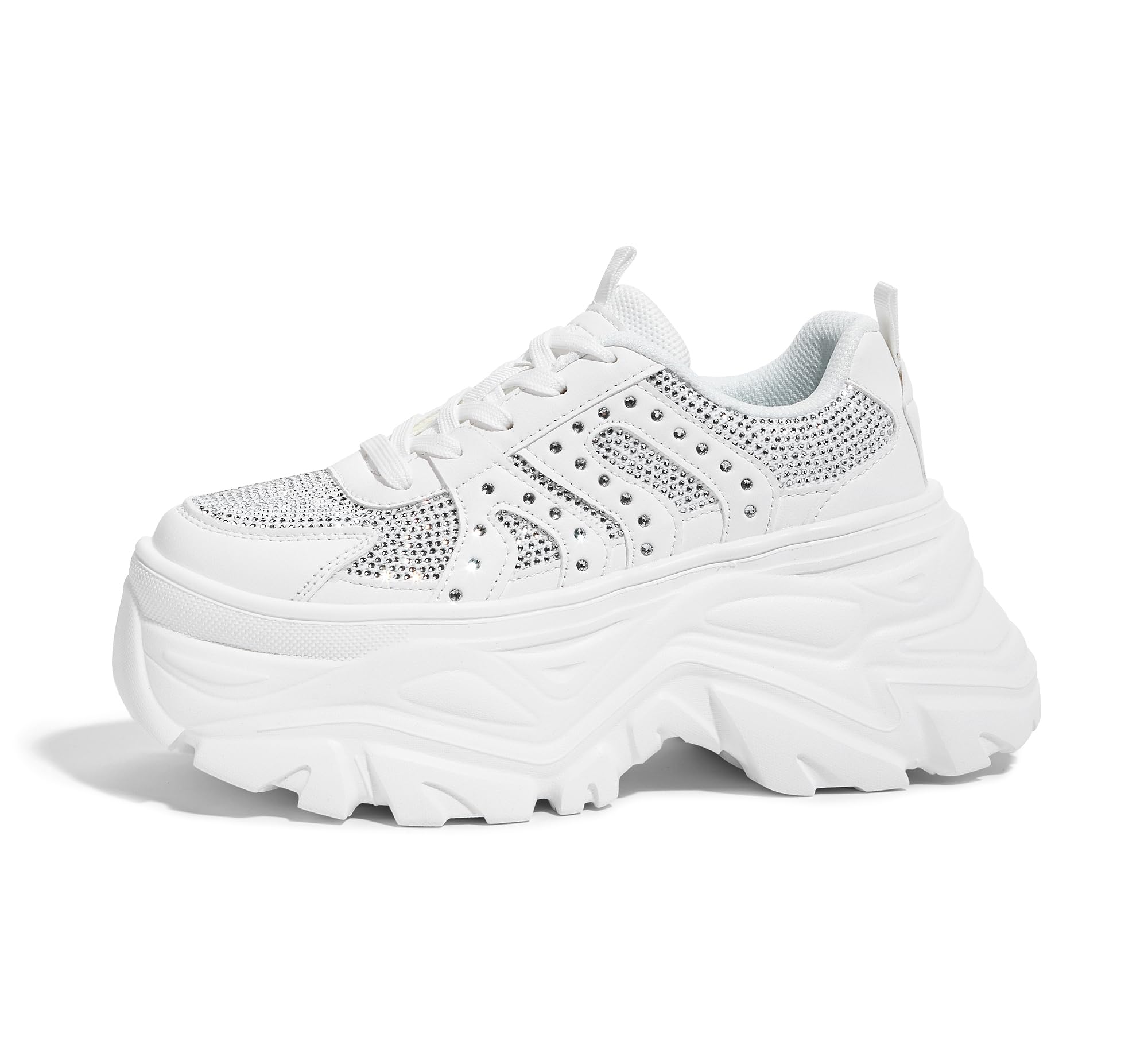 Photo 1 of LUCKY STEP Women's Rhinestone Chunky Sneakers Breathable Lace-Up Platform Walking Sneakers Fashion Casual Dad Shoes(7 M US White)