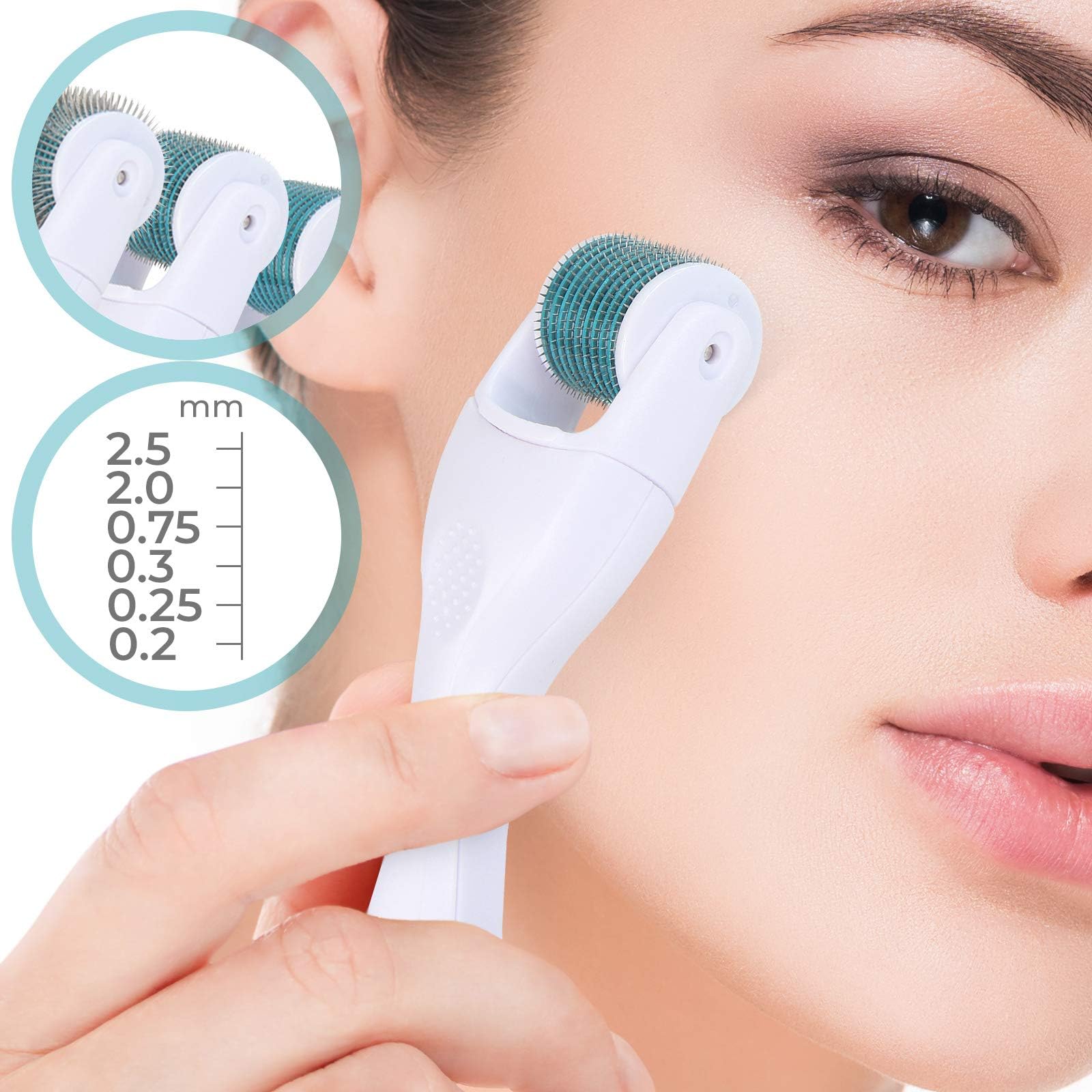 Derma Roller - 600 Micro Needles in Different Size 0,2-3 mm, Made of Medical Steel, for Skin Regeneration, Anti Ageing, Wrinkle, Cellulite, Scar Removal - Needle Roller for Face Care