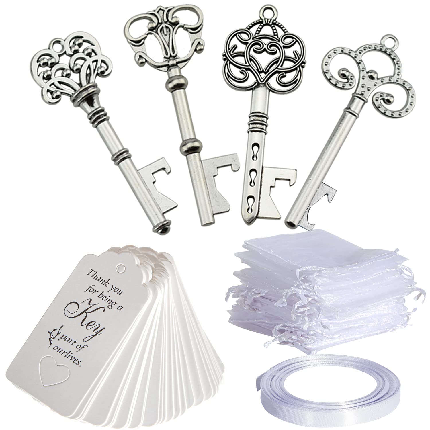 40Pcs Bottle Openers with Vintage Key and Companion Card, Organza Bag and Ribbon for Wedding Party, Favours, Rustic Decoration (40 Pieces-Silver)
