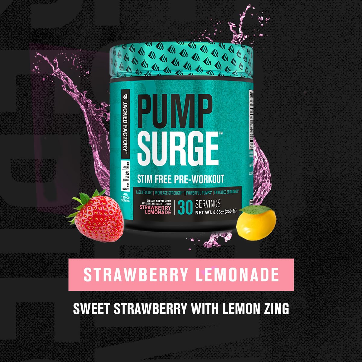 Jacked Factory Pumpsurge Caffeine Free Pre Workout for Men & Women - Nootropic Booster & Stim Free Pre Workout - Intense Pumps, Enhanced Focus - 30 Servings, Strawberry Lemonade