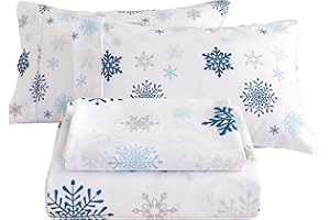 Mooreeke Christmas Holiday Queen Sheets, Snowflake Printed Queen Bed Sheet Set with Deep Pocket Non-Slip Fitted Winter Sheet