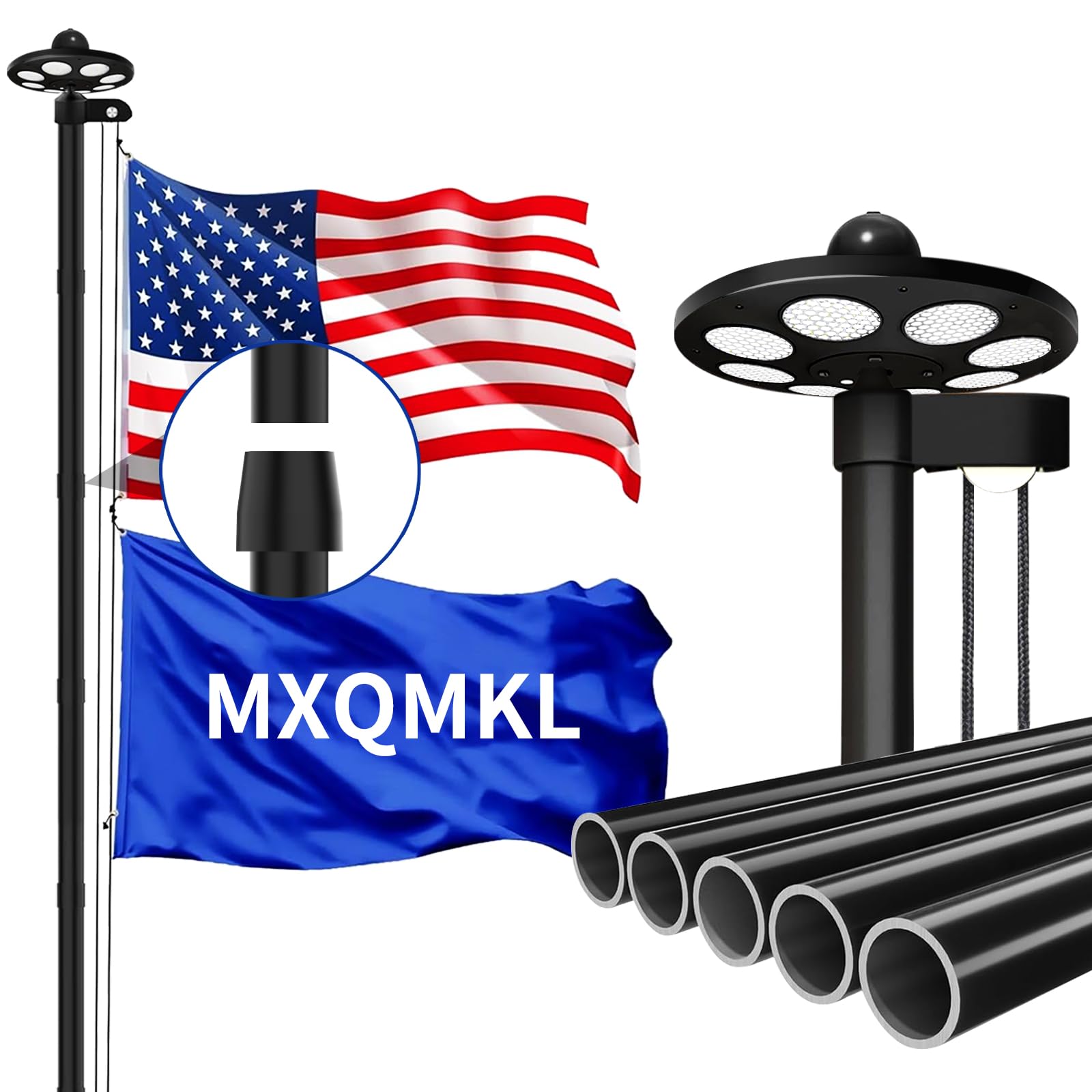 Photo 1 of 20FT Heavy Duty Flag Pole Kit with Solar Light,14 Gauge Flag Pole for Outside House in Ground Thick Aluminum Flagpoles with 136 LED Light & 3x5 American Flag with Pole for Outside Ip67 Waterproof