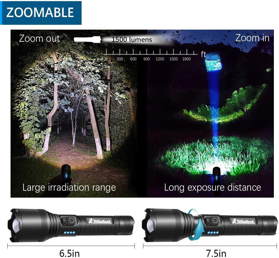 Super Bright Flashlight, LED High Lumens Flashlights, Emergency Strobe 18650 Battery Rechargeable 5 Modes 4X Zoomable IP67 Waterproof Powerful Flash Lights, BigCheck EDC Everyday Flashlights - - 