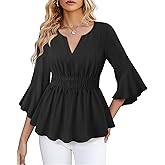 VAFOLY Womens Dressy Casual Peplum Tops Ruffle 3/4 Sleeve Henley V Neck Chiffon Blouses