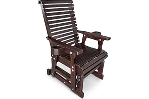 Fortune Candy Wooden Patio Glider for One Person, with High Backrest and Deep Contoured Seat, Solid Fir Wood, Heavy Duty 600 Pounds (Deep Brown, 1-Seater)