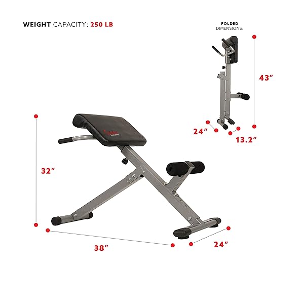 SUNNY HEALTH & FITNESS 45-DEGREE HYPEREXTENSION ROMAN CHAIR WITH ADJUSTABLE HEIGHT AND BACK, GLUTE, HAMSTRING, AND AB WORKOUTS FOLDABLE SIT UP GYM BENCH FOR HOME, GRAY – SF-BH6629