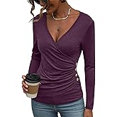 EasyGala Women's Long Sleeve Deep V Neck Tops Wrap Ruched Slim Fit Shirts Button Side Blouse Sexy Fall Outfits 2025