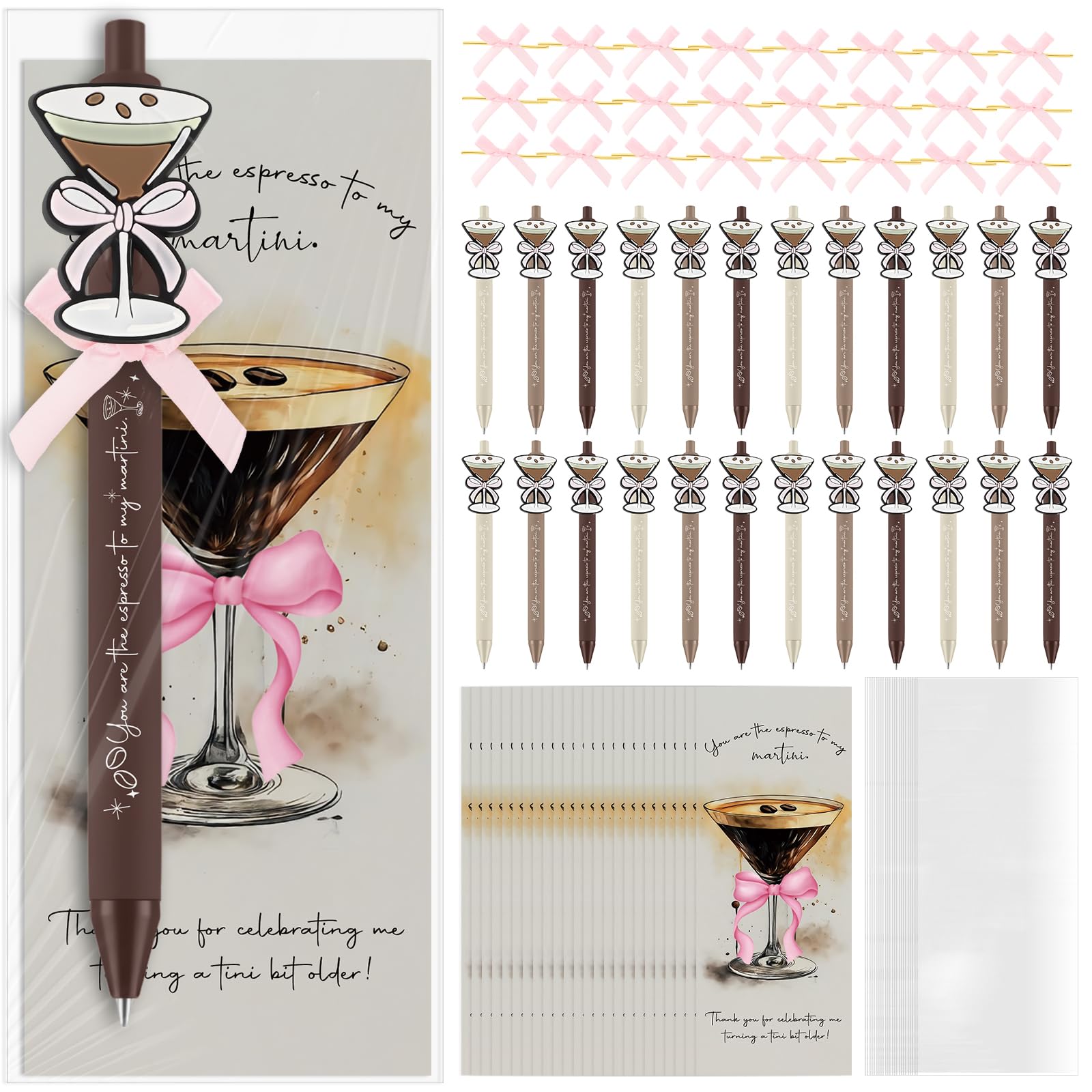 Photo 1 of 24 Sets Espresso Martini Gift Pens Bulk with Cocktail Theme Cards a Tini Bit Older Birthday Decorations for Women Coquette 21st Birthday Bridal Shower Summer Back to School Bachelorette Party Supplies