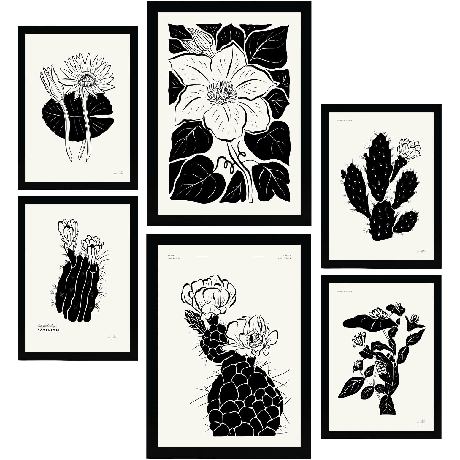 Nacnic Set of 6 Thick Black Ink Posters. Cacti. Artistic Sketch Aesthetic Wall Art Prints for Interior Design and Decoration. Sizes A3 & A4. Unframed.