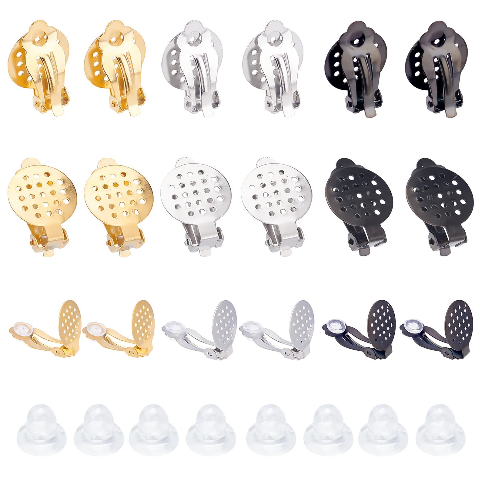 UNICRAFTALE 30pcs 3 Colors Flat Round Tray Clip-on Earring Findings 304 Stainless Steel Clip-on Components Non-Pierced Ear Hoops with Rubber for Earring Jewelry Making 22x15x8mm