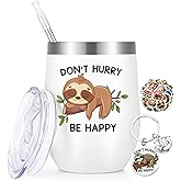 Lifecapido Sloth Gifts, Don’t Hurry Be Happy 12oz Insulated Wine Tumbler with Keychain and Stickers, Birthday Christmas Gift, Sloth Gifts for Women, White