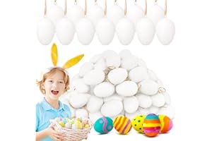 Jnnzzggu 80 Pcs Hanging White Eggs for Decorating,Plastic White Fake Eggs with gold thread,Faux Fake Egg for DIY Crafts,Painting,Party,Home Decor,Kids,Kitchen