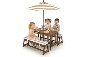 Costzon Kids Picnic Table, Toddler Wood Table & Bench Set w/Cushions, Height Adjustable Umbrella, Children Activity Table Out