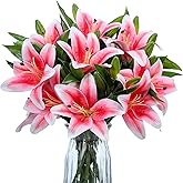 XunYee 16 Pcs Artificial Tiger Lily Flowers Mother's Day Real Touch Lily Latex Lilies Flowers Artificial Bouquet Faux Latex with Rods for Home Decoration Birthday(Pink and Green)