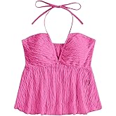 SHENHE Women's Tie Halter Neck Backless Ruffle Hem Sexy Peplum Crop Top Sleeveless Top