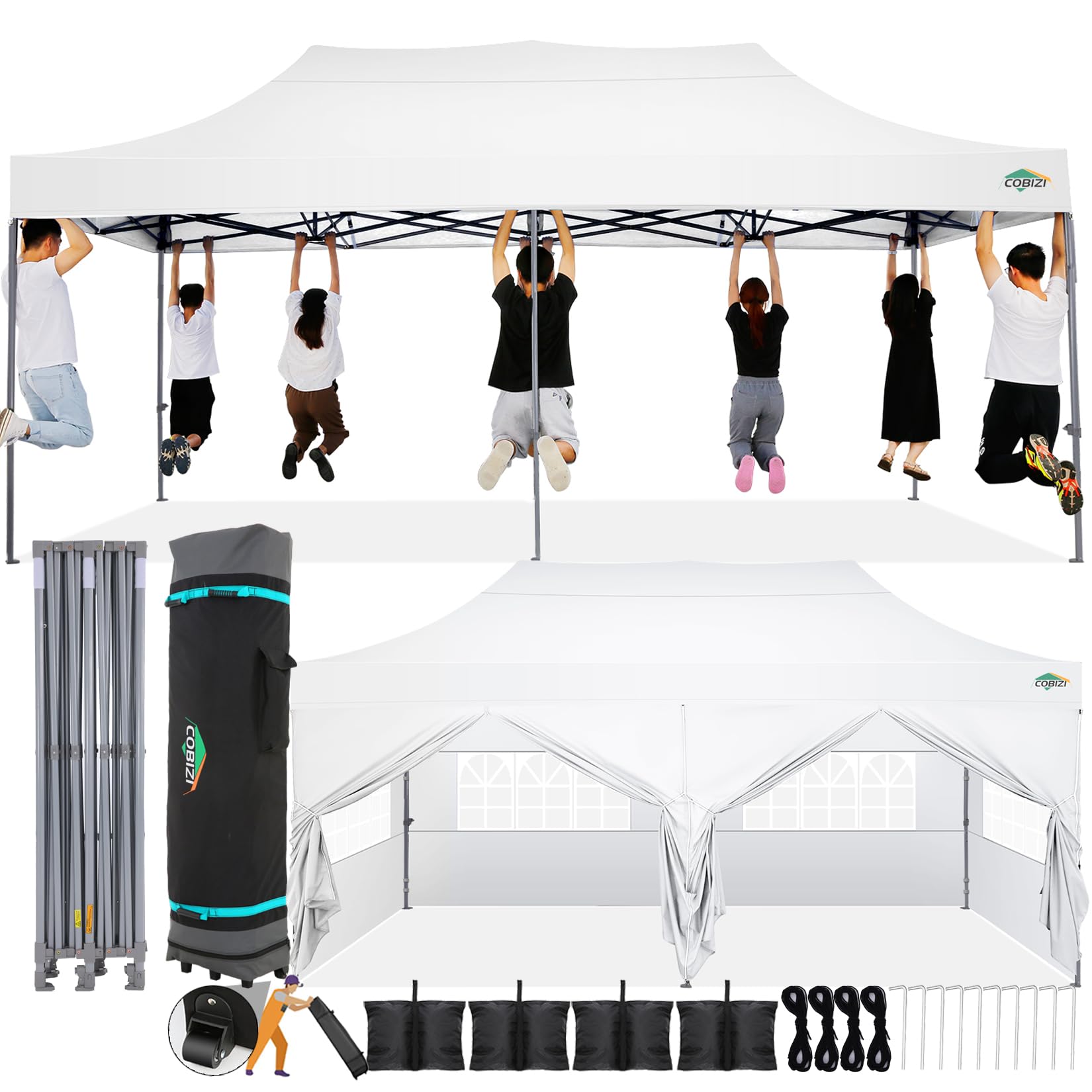 COBIZI Faltpavillon 3x6 Wasserdicht Stabil Winterfest mit Seitenwand,Pop Up Pavillon Partyzelt,Sonnenschutz Gartenpavillon,Pavillon Faltbar mit Tasche mit Rollen(3 mal 6m Weiss)