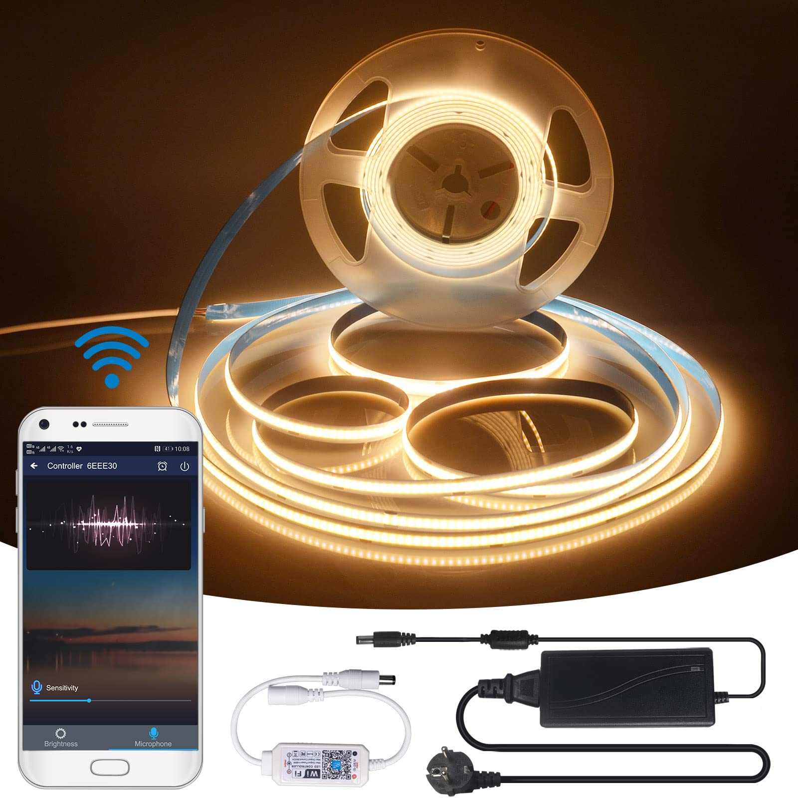 INDARUN WiFi Warm White COB LED Strip Light 3000K DC12V 5A with App Control - 5m Dimmable Tape Light Kit 320LEDs/Meter for Home Decoration — image 1