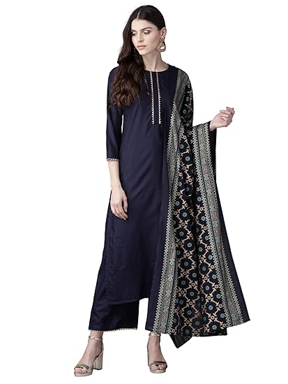 Women's cotton blend Straight Kurta sets With Palazzos (Navy Blue)