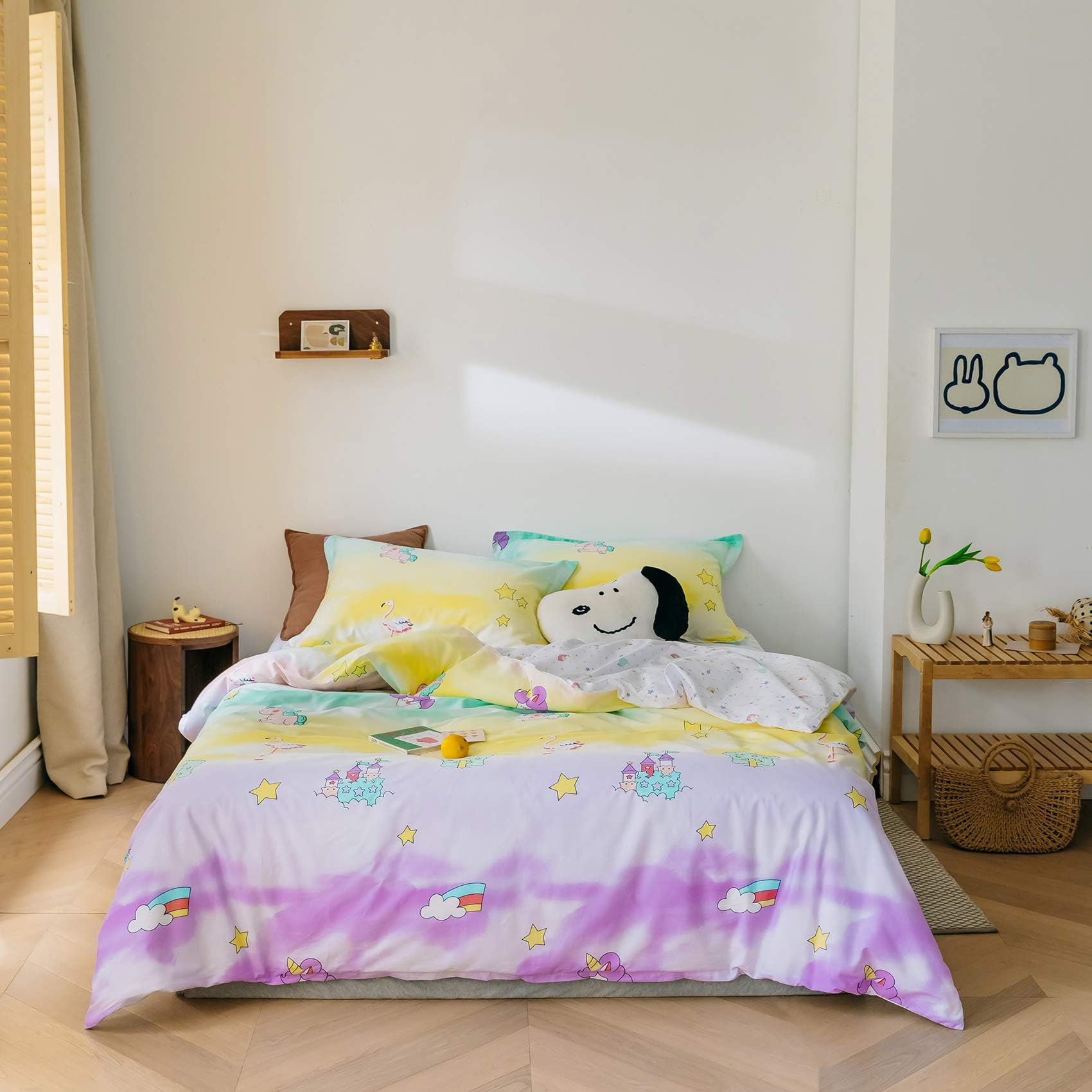 BuLuTu Girls Duvet Cover Set Full/Queen Cotton Turquoise Yellow Lavender Purple,Gradient Rainbow Unicorn Stars Flamingo Star Moon Birds Print Soft Kids Teen Bedding Duvet Cover Set,No Comforter