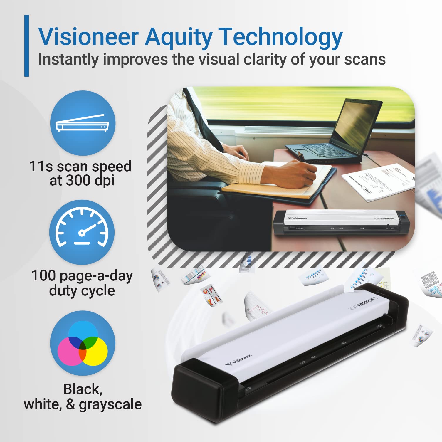 Visioneer RoadWarrior 3 Simplex Mobile Document Scanner for PC and Mac, USB Powered Travel Scanner