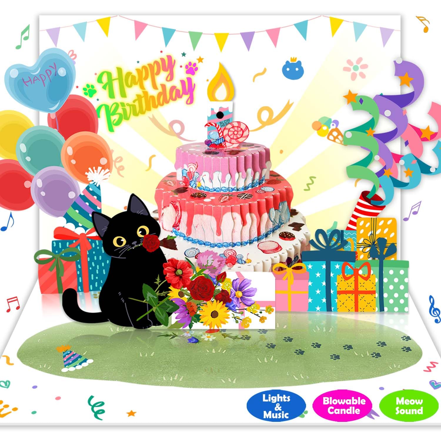 Photo 1 of Birthday Cards,Pop Up Cat Flowers Cake Ballon Ribbon Gift Box Colorful Design, with Meow,Happy Birthday Music,Blowable Candle,Lights,Age Numbers.Greeting card for Women Men Mom Dad Kids Cat Lovers