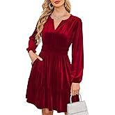 Sexyasasii Womens Velvet Dress V Neck Empire Waist Elegant Long Sleeve Cocktail Party Fall Winter Mini Dress with Pockets
